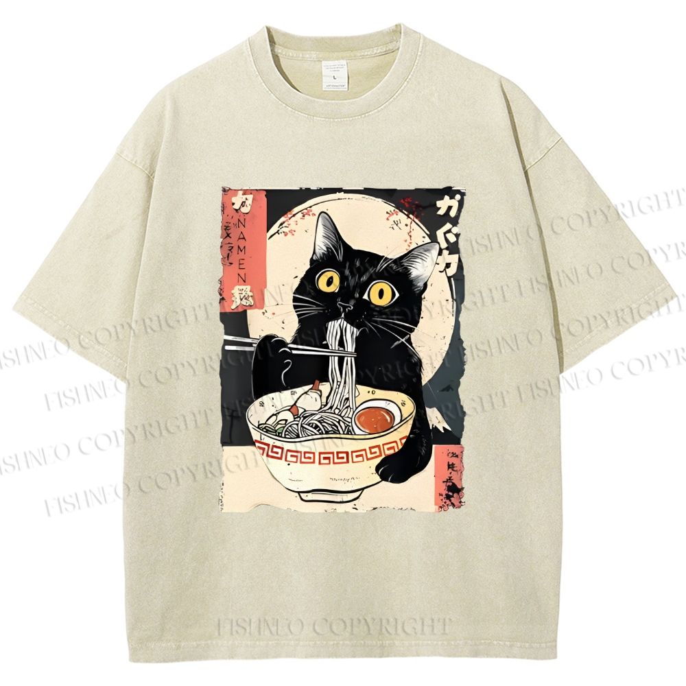 Unisex Kawaii Cat Eating Ramen Printed Washed Tee