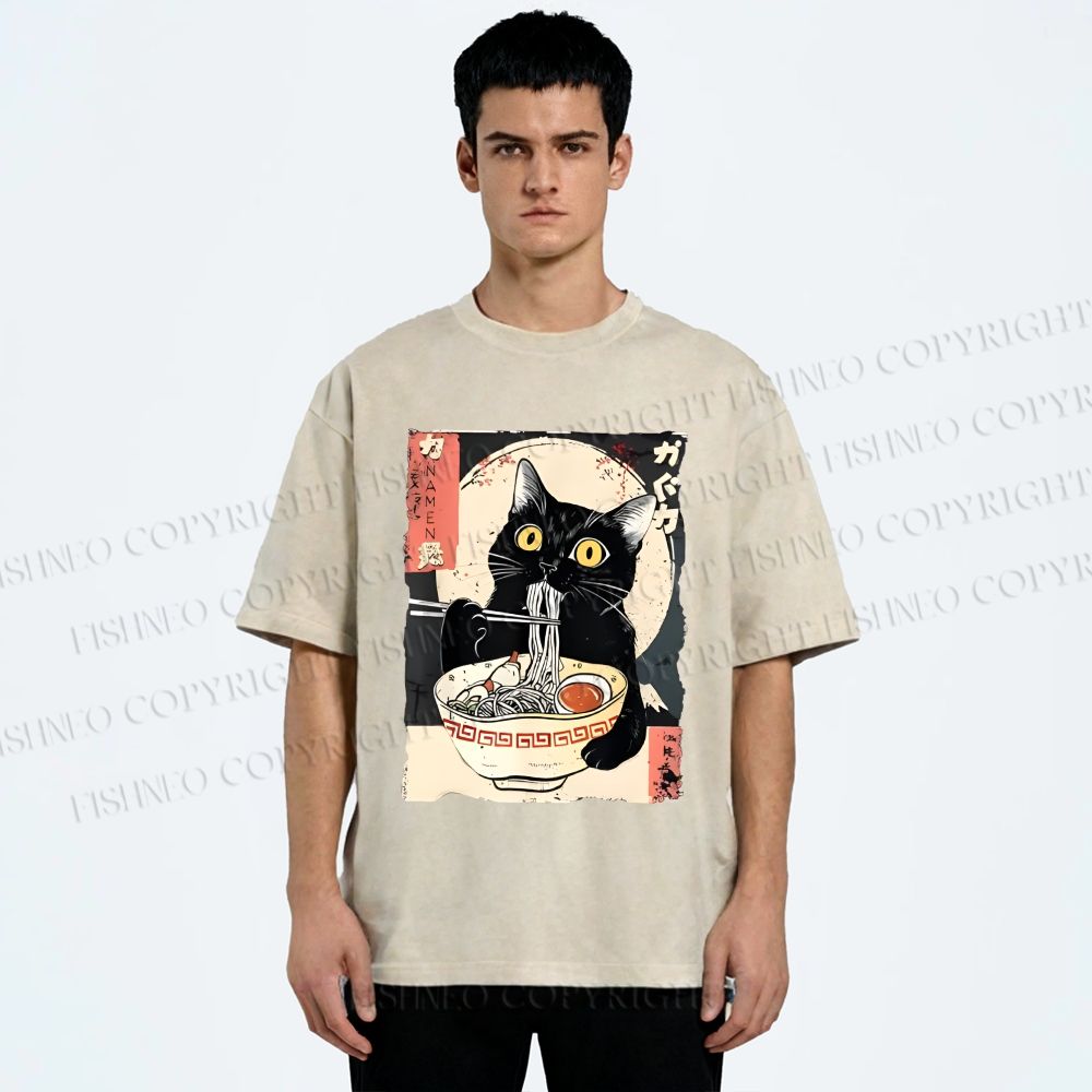 Unisex Kawaii Cat Eating Ramen Printed Washed Tee