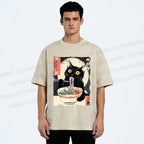 Unisex Kawaii Cat Eating Ramen Printed Washed Tee