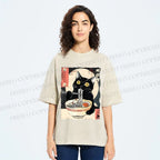 Unisex Kawaii Cat Eating Ramen Printed Washed Tee
