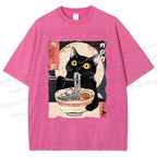 Unisex Kawaii Cat Eating Ramen Printed Washed Tee