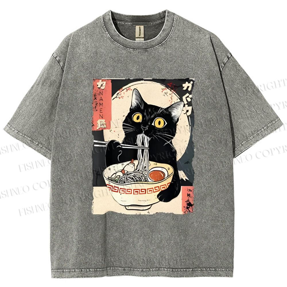 Unisex Kawaii Cat Eating Ramen Printed Washed Tee