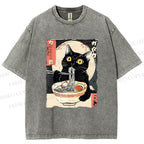 Unisex Kawaii Cat Eating Ramen Printed Washed Tee