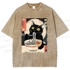 Unisex Kawaii Cat Eating Ramen Printed Washed Tee