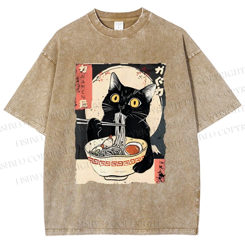 Unisex Kawaii Cat Eating Ramen Printed Washed Tee