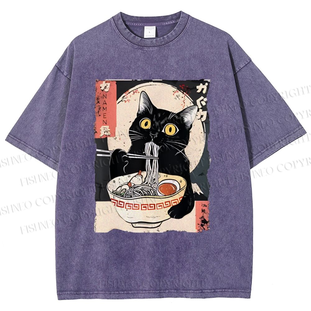 Unisex Kawaii Cat Eating Ramen Printed Washed Tee