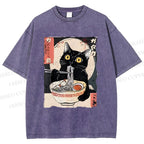 Unisex Kawaii Cat Eating Ramen Printed Washed Tee