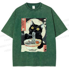 Unisex Kawaii Cat Eating Ramen Printed Washed Tee