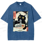 Unisex Kawaii Cat Eating Ramen Printed Washed Tee