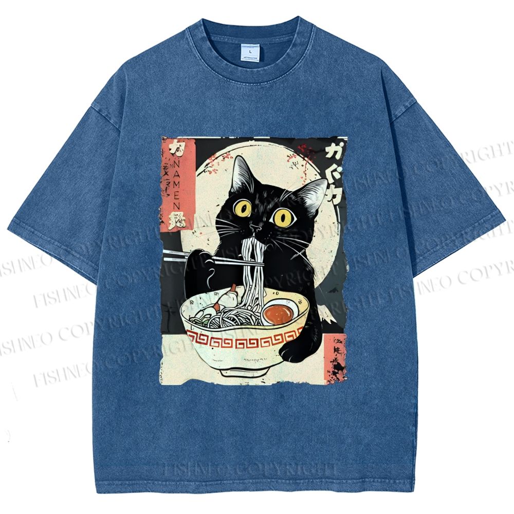 Unisex Kawaii Cat Eating Ramen Printed Washed Tee
