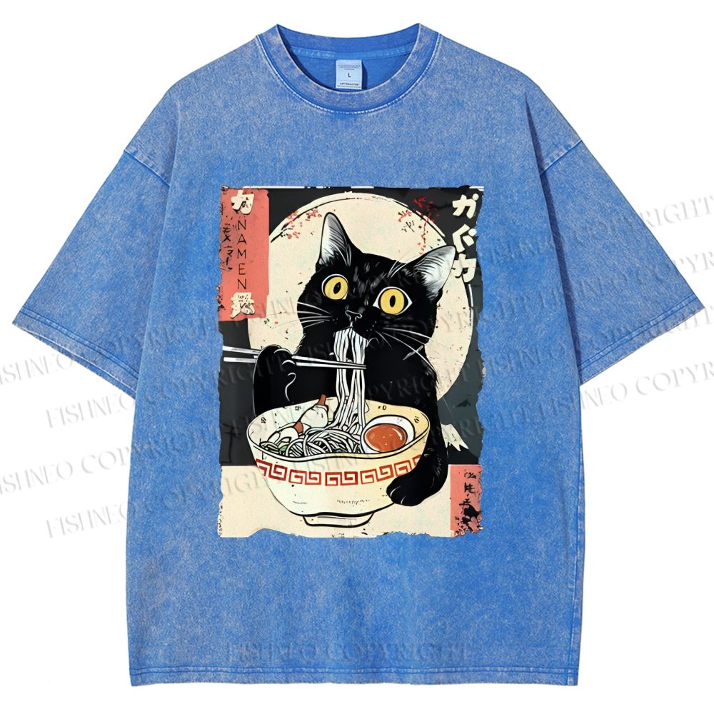 Unisex Kawaii Cat Eating Ramen Printed Washed Tee