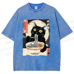 Unisex Kawaii Cat Eating Ramen Printed Washed Tee