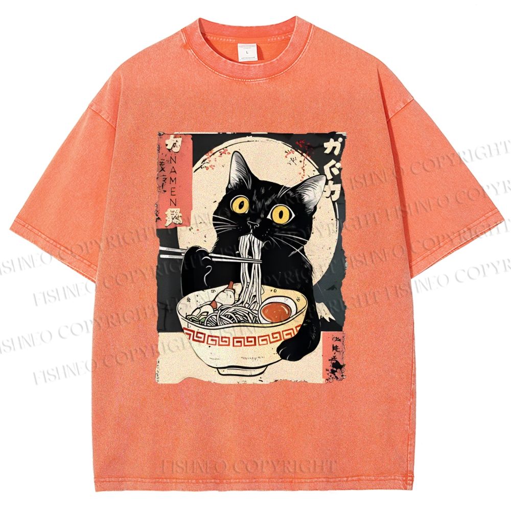 Unisex Kawaii Cat Eating Ramen Printed Washed Tee