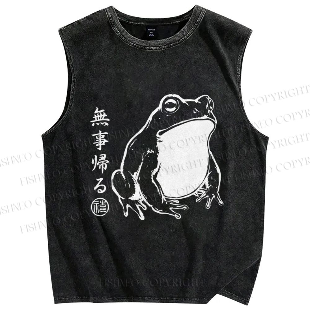 Unisex Vintage Japanese Frog Printed Washed Tank Top