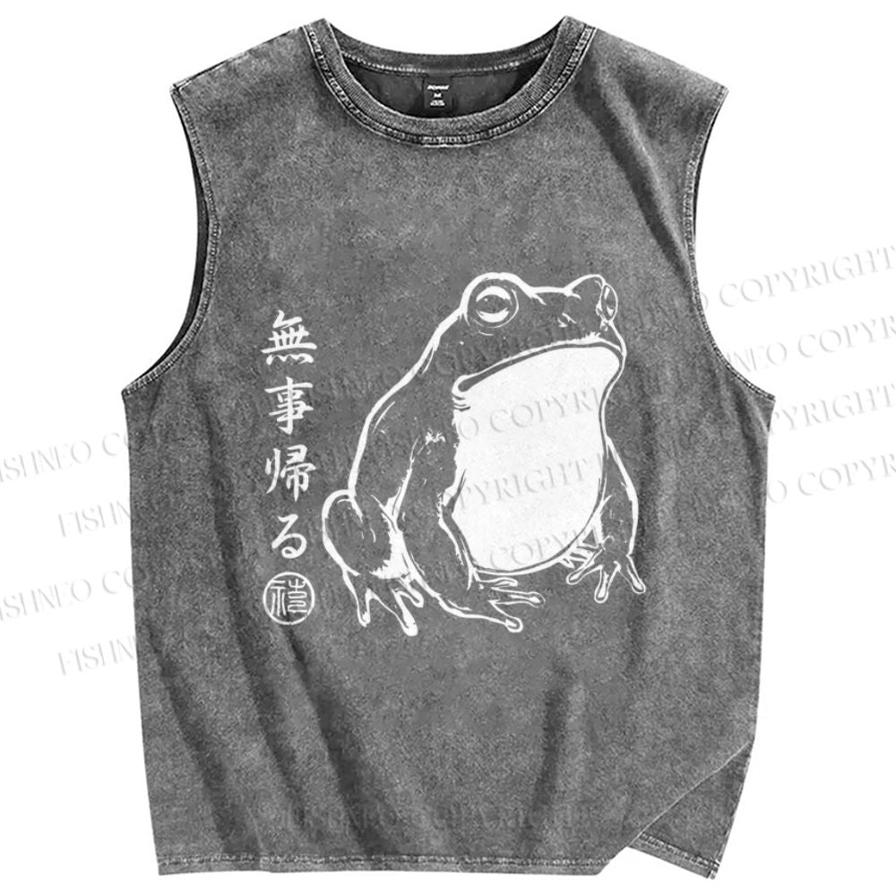 Unisex Vintage Japanese Frog Printed Washed Tank Top