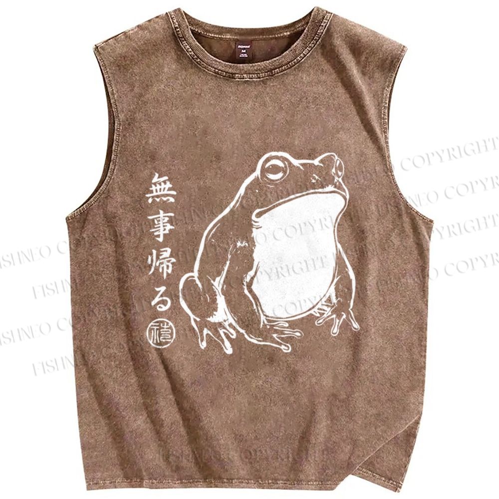 Unisex Vintage Japanese Frog Printed Washed Tank Top