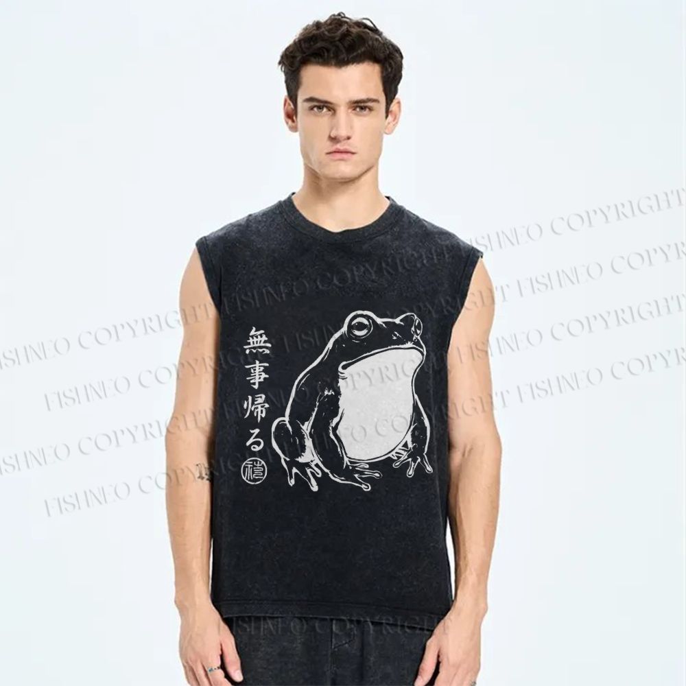 Unisex Vintage Japanese Frog Printed Washed Tank Top
