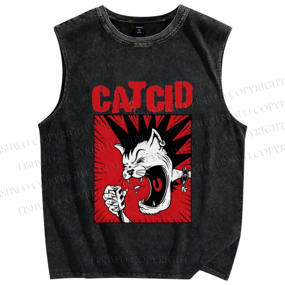 Unisex Cat Cid Printed Washed Tank Top