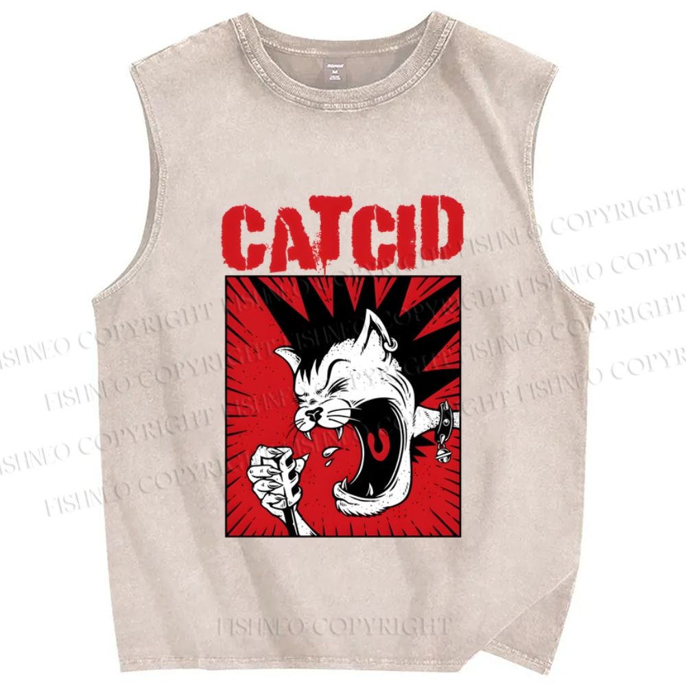 Unisex Cat Cid Printed Washed Tank Top
