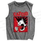 Unisex Cat Cid Printed Washed Tank Top