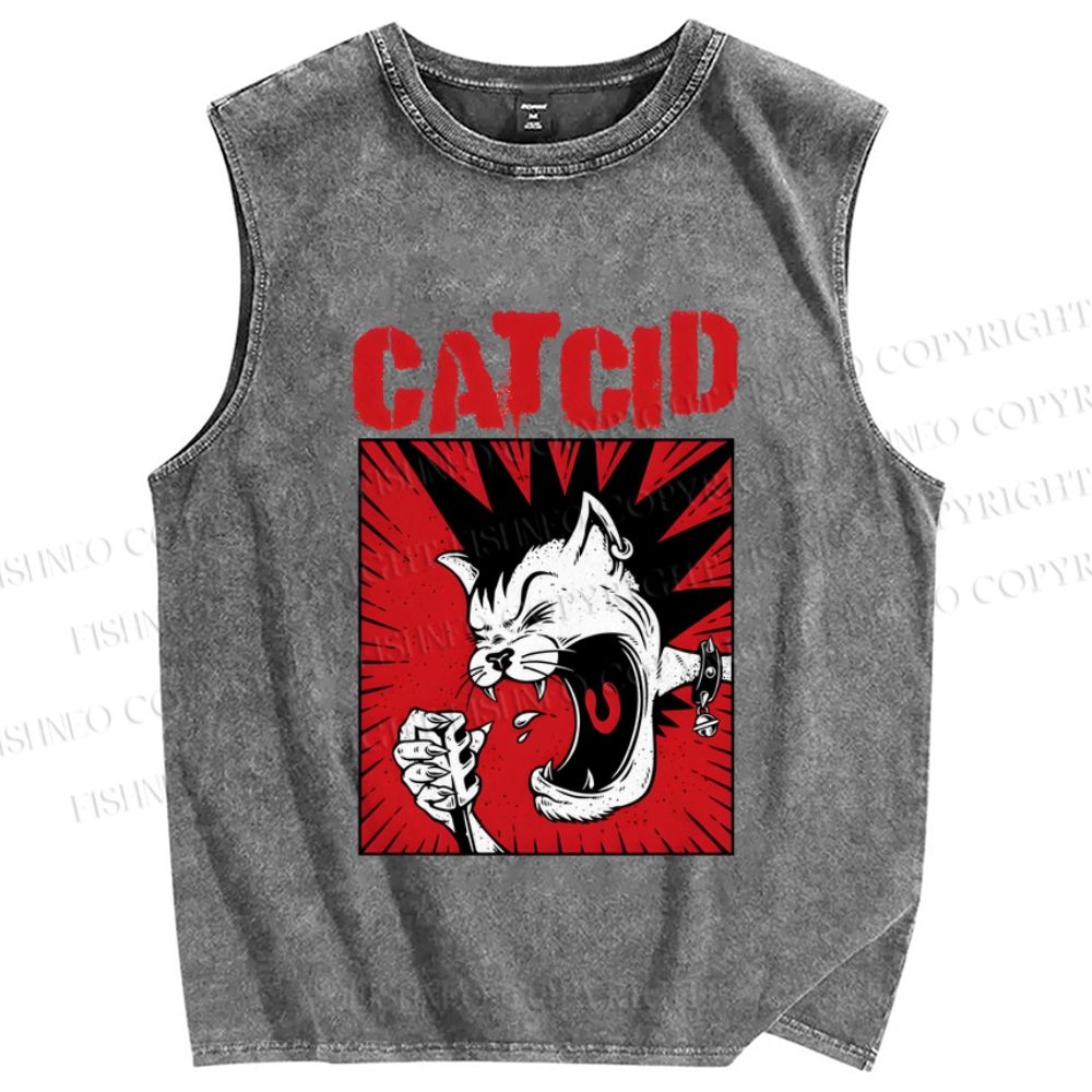 Unisex Cat Cid Printed Washed Tank Top
