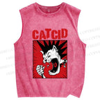 Unisex Cat Cid Printed Washed Tank Top