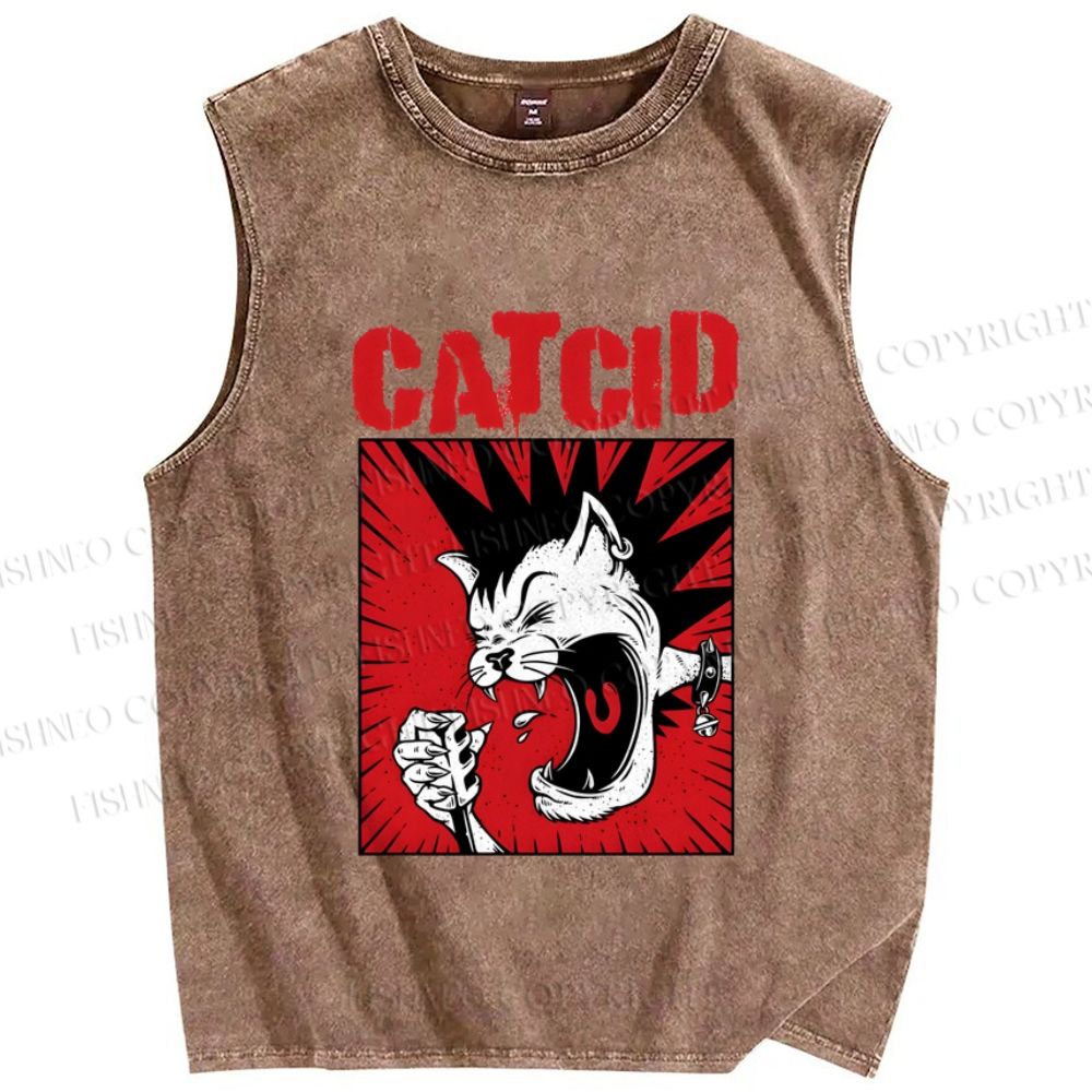 Unisex Cat Cid Printed Washed Tank Top
