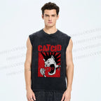 Unisex Cat Cid Printed Washed Tank Top