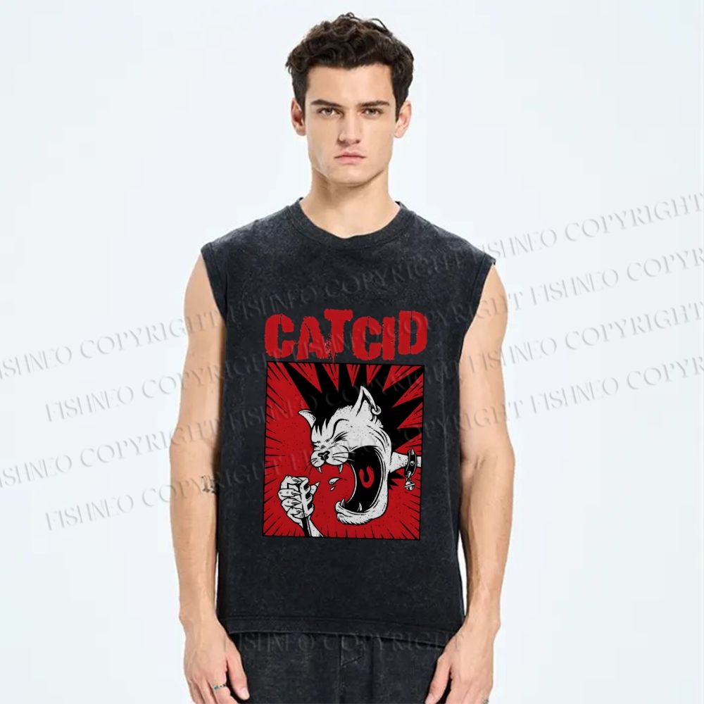 Unisex Cat Cid Printed Washed Tank Top