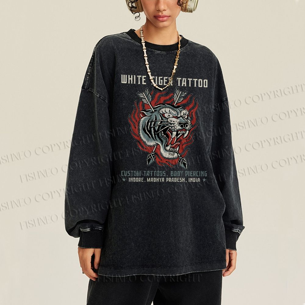 Unisex Casual Washed White Tiger Tattoo Printed Long Sleeve T-shirt