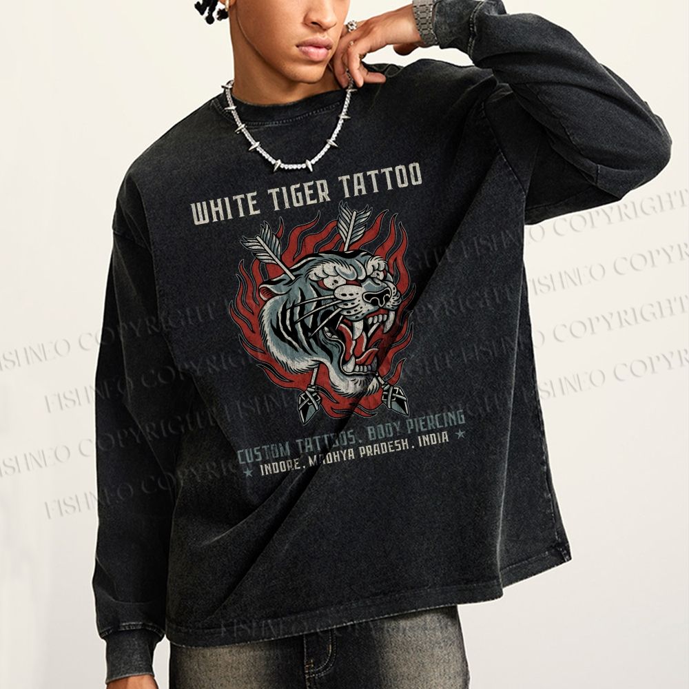 Unisex Casual Washed White Tiger Tattoo Printed Long Sleeve T-shirt