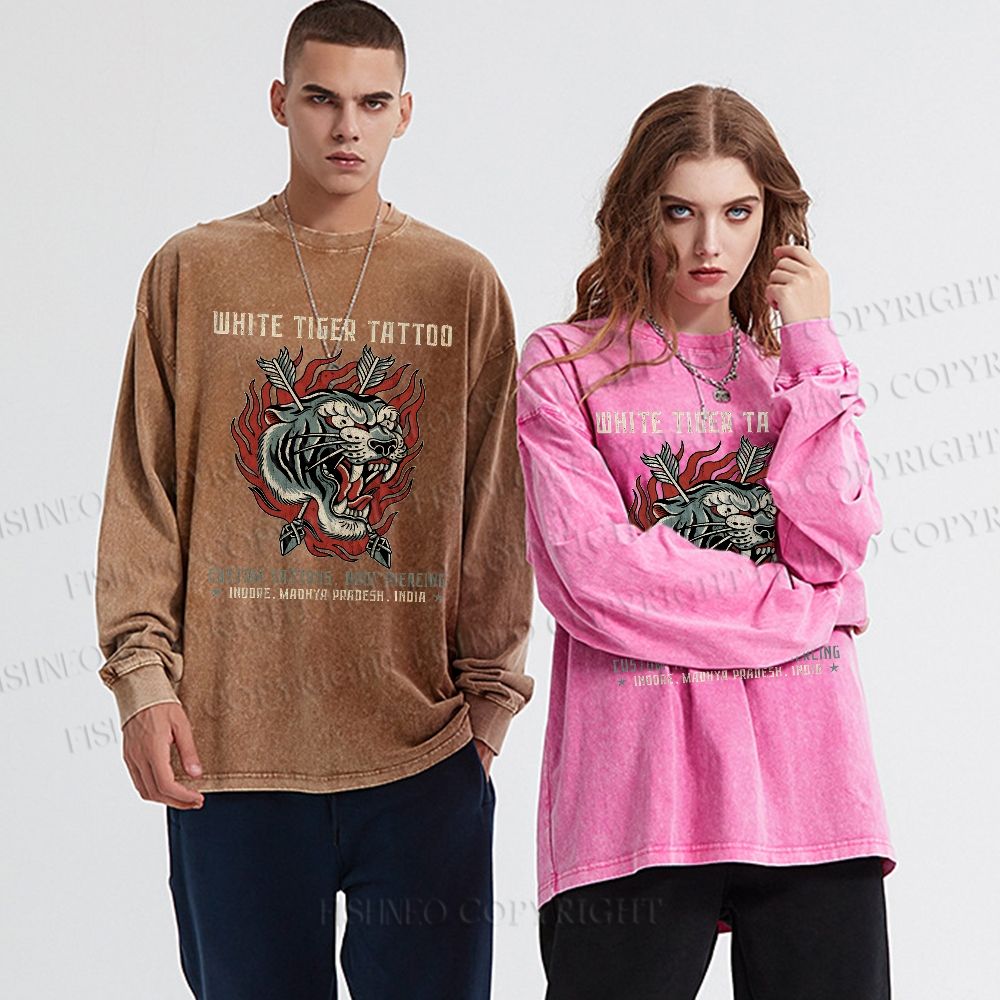 Unisex Casual Washed White Tiger Tattoo Printed Long Sleeve T-shirt