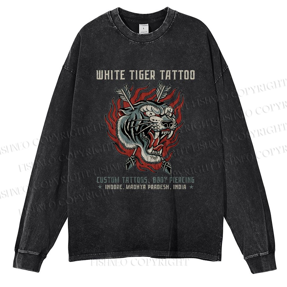 Unisex Casual Washed White Tiger Tattoo Printed Long Sleeve T-shirt
