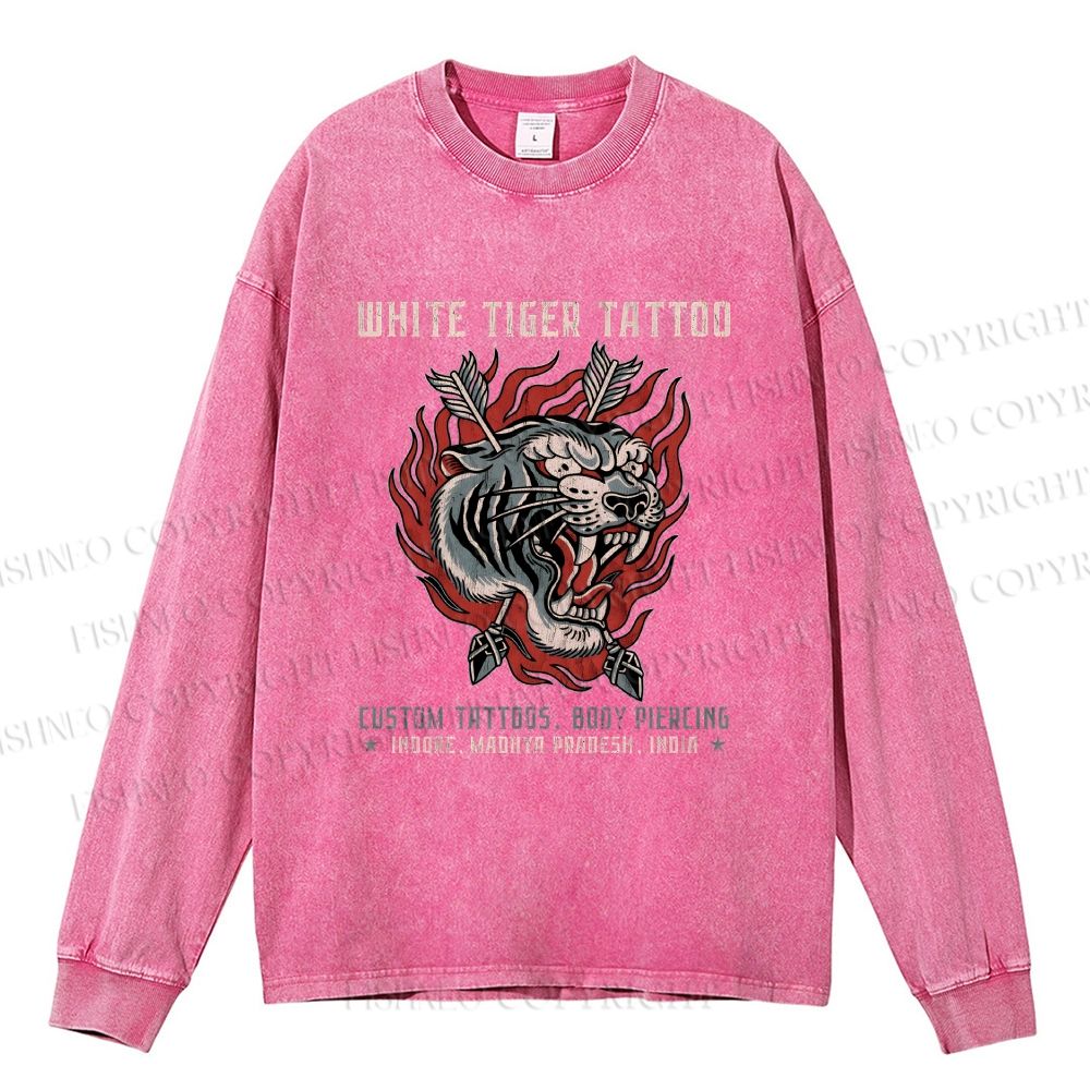 Unisex Casual Washed White Tiger Tattoo Printed Long Sleeve T-shirt
