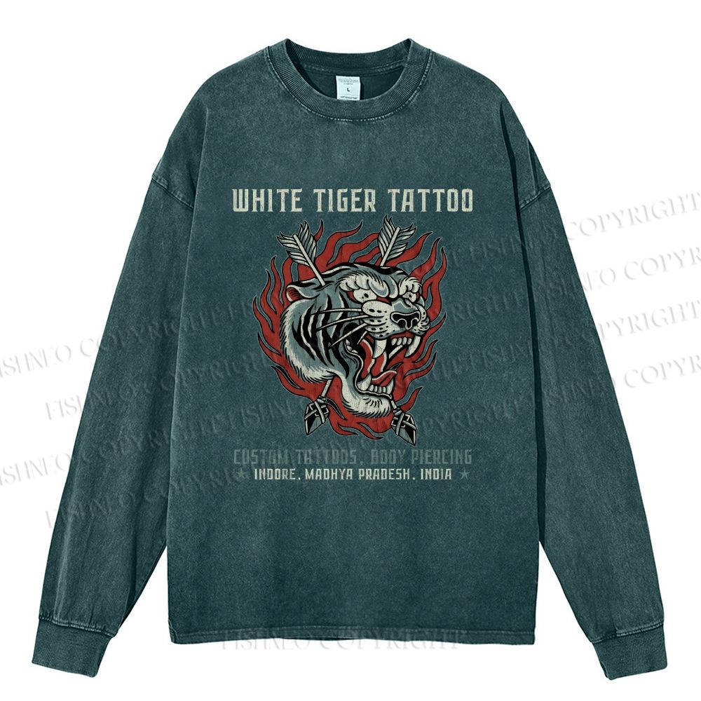 Unisex Casual Washed White Tiger Tattoo Printed Long Sleeve T-shirt