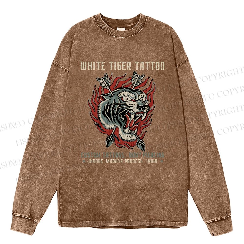 Unisex Casual Washed White Tiger Tattoo Printed Long Sleeve T-shirt