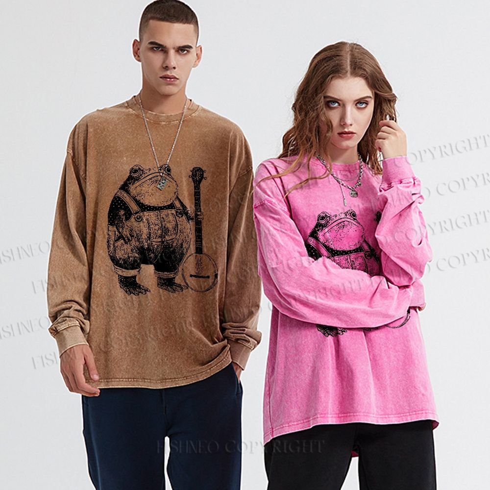 Unisex Casual Washed Vintage Frog Printed Long Sleeve T-shirt