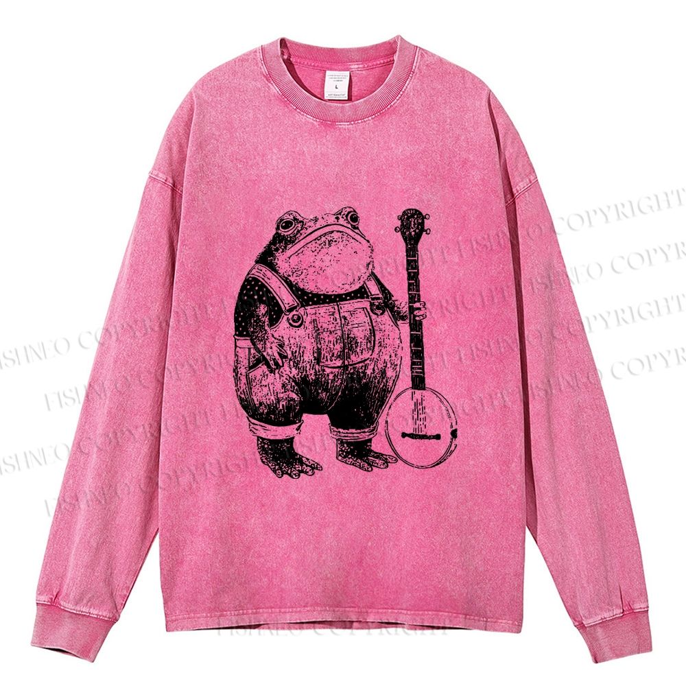 Unisex Casual Washed Vintage Frog Printed Long Sleeve T-shirt