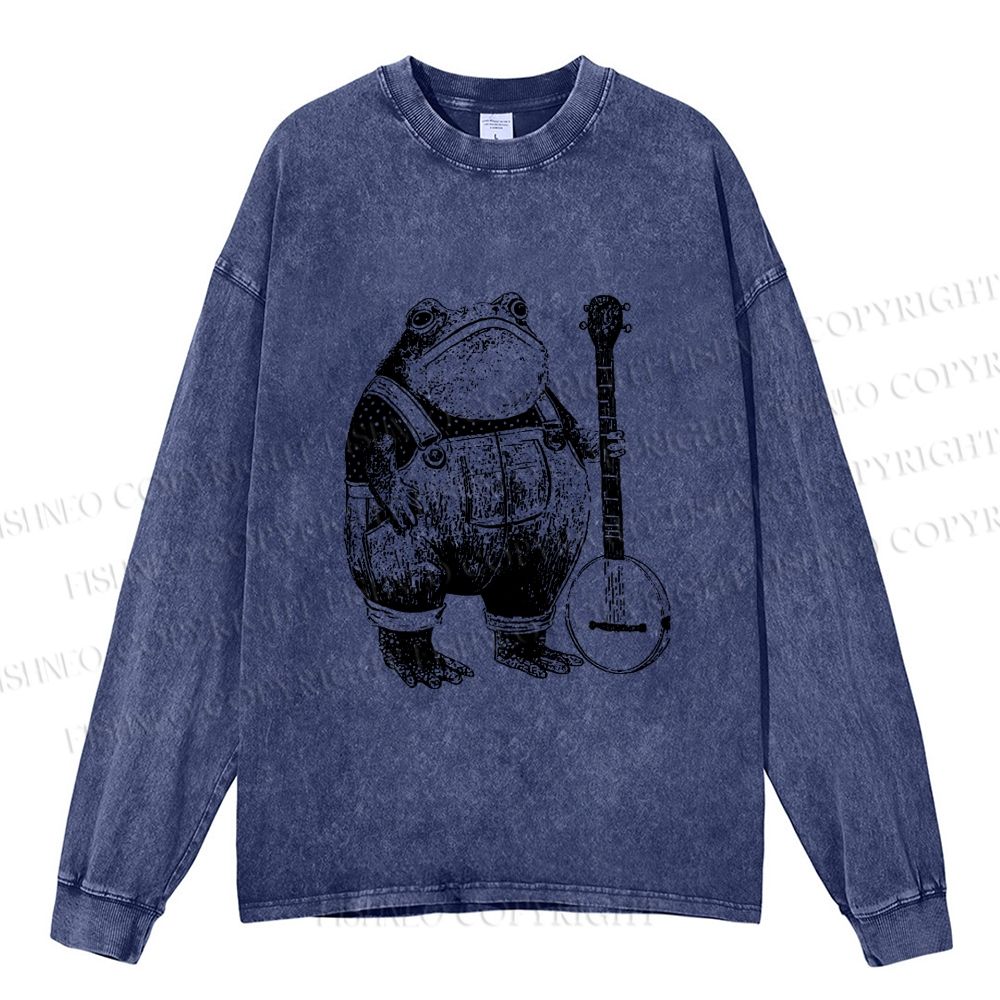Unisex Casual Washed Vintage Frog Printed Long Sleeve T-shirt