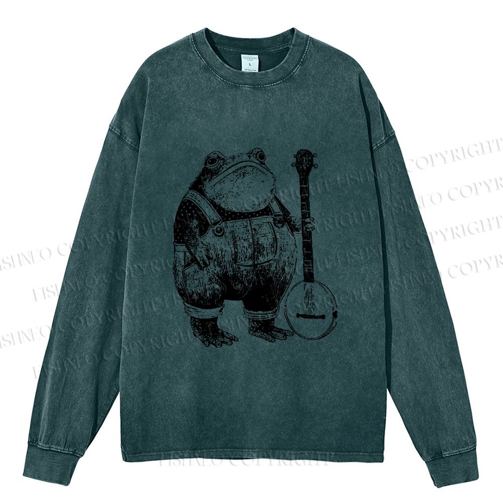 Unisex Casual Washed Vintage Frog Printed Long Sleeve T-shirt
