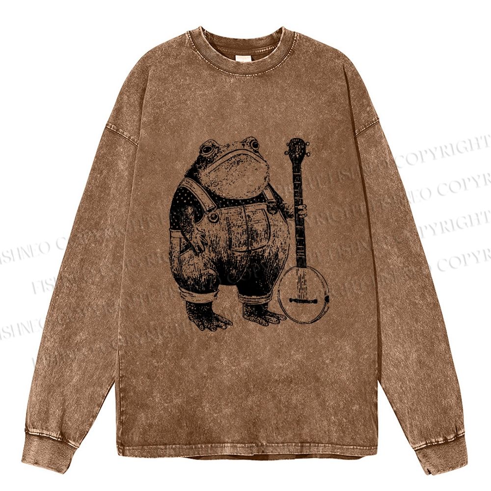 Unisex Casual Washed Vintage Frog Printed Long Sleeve T-shirt