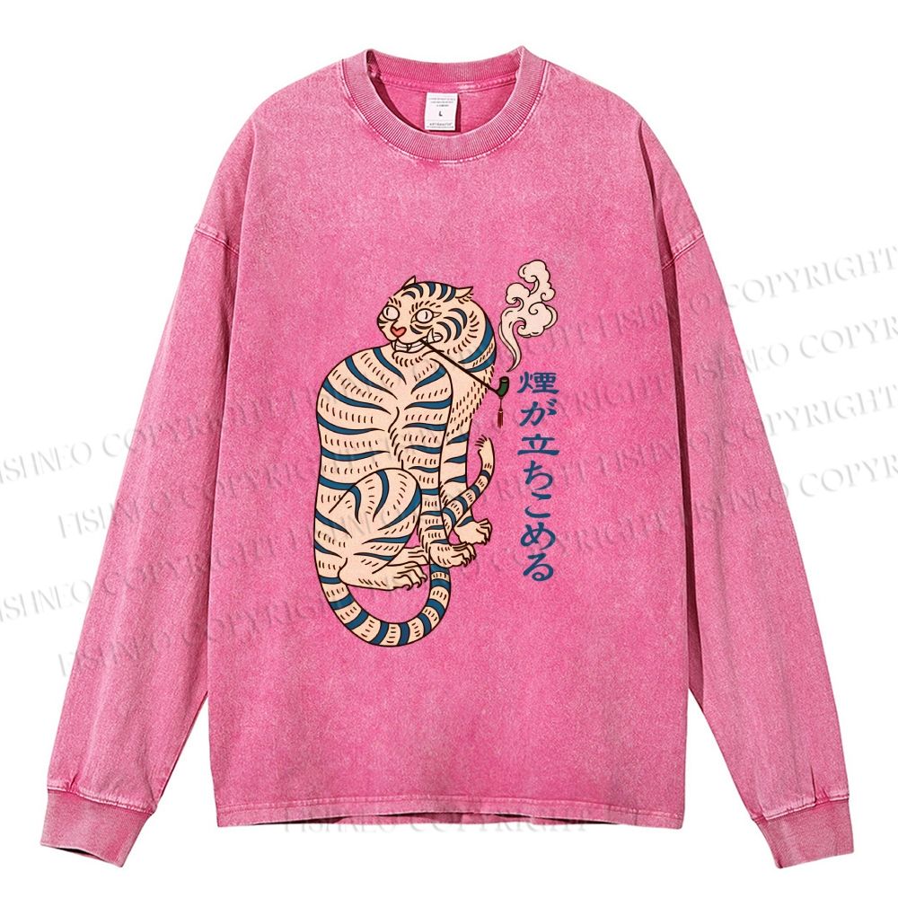 Unisex Casual Washed Japanese Tiger Smoking Printed Long Sleeve T-shirt