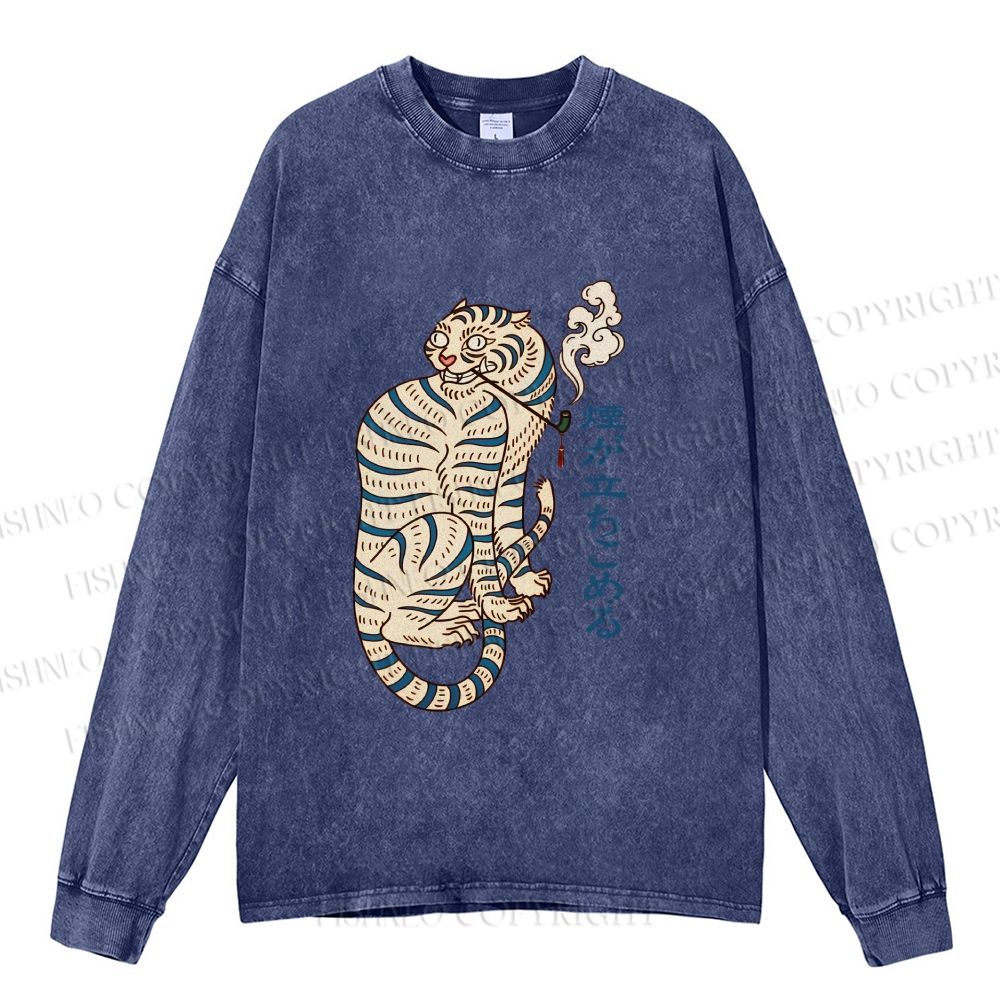Unisex Casual Washed Japanese Tiger Smoking Printed Long Sleeve T-shirt