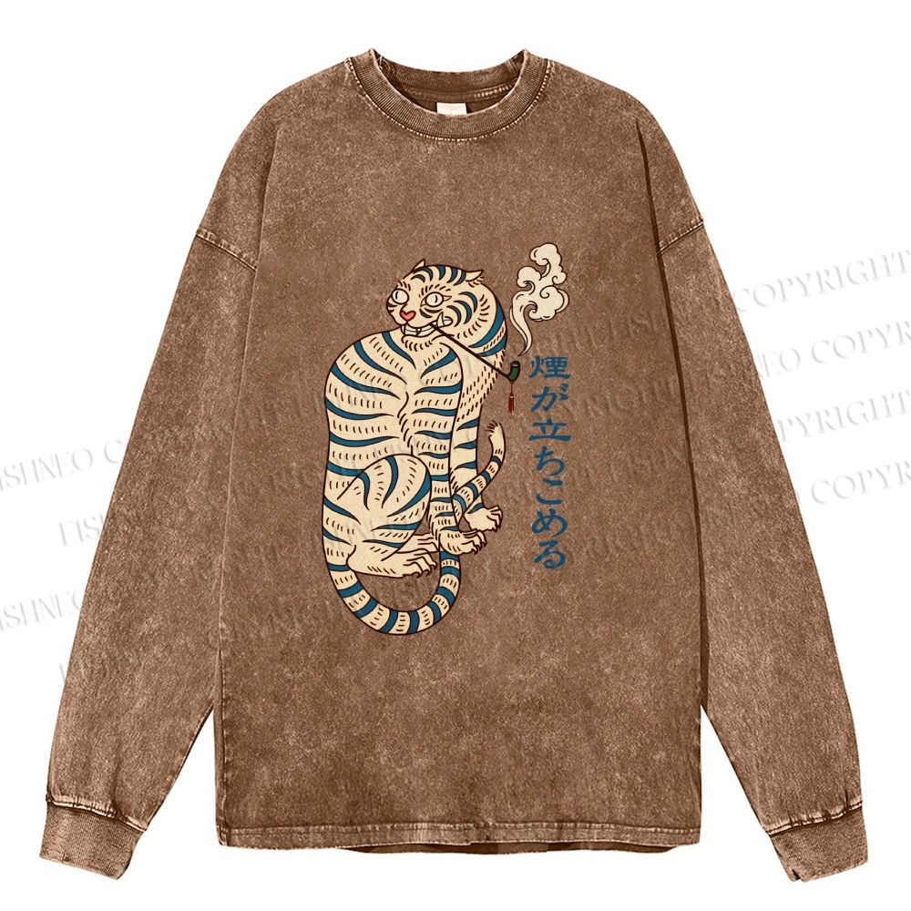 Unisex Casual Washed Japanese Tiger Smoking Printed Long Sleeve T-shirt