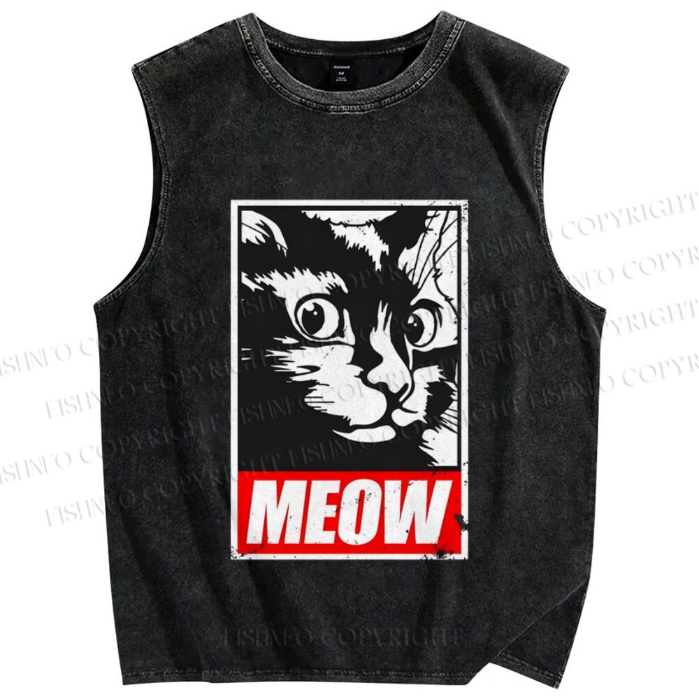 Unisex Meow Printed Washed Tank Top