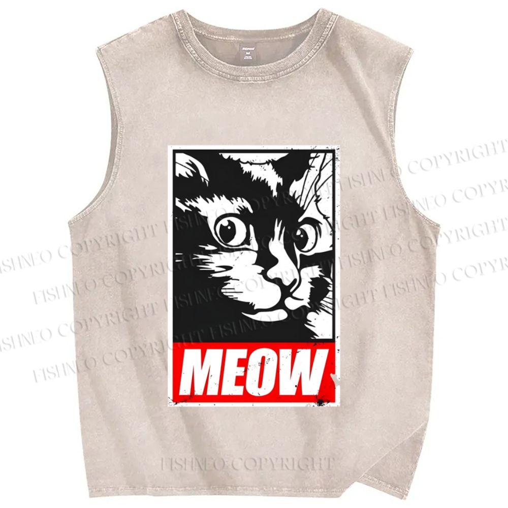 Unisex Meow Printed Washed Tank Top