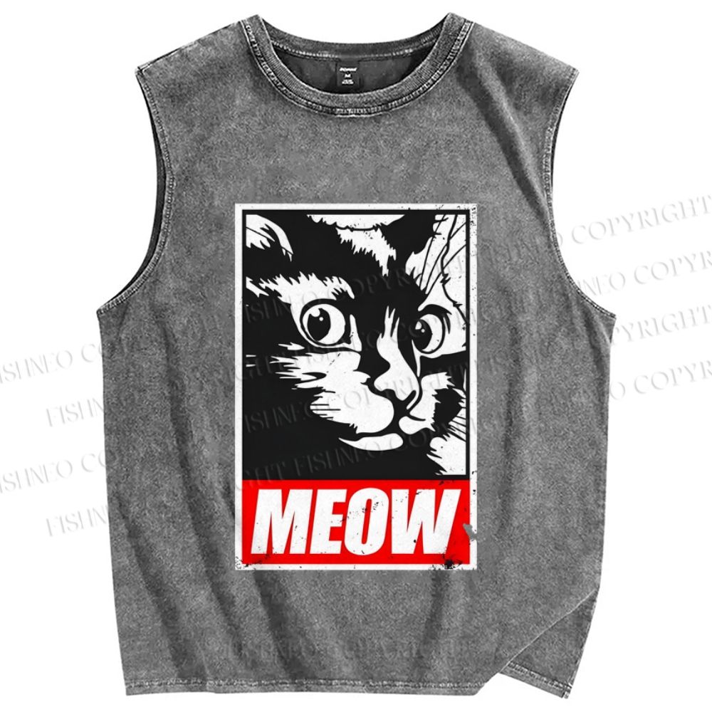 Unisex Meow Printed Washed Tank Top