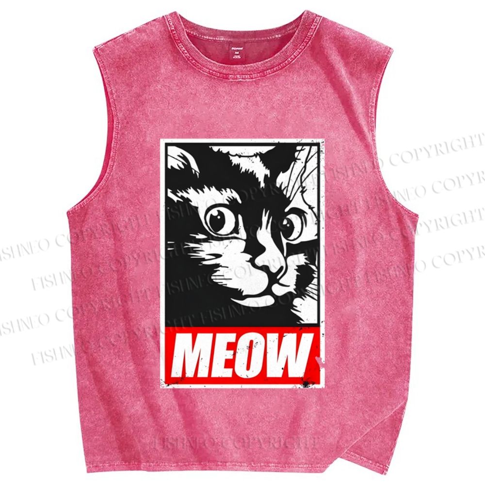 Unisex Meow Printed Washed Tank Top