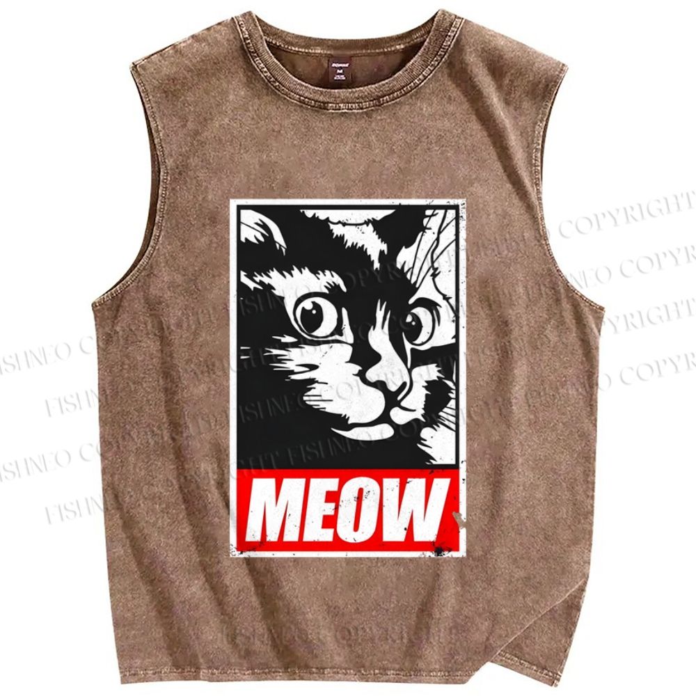 Unisex Meow Printed Washed Tank Top