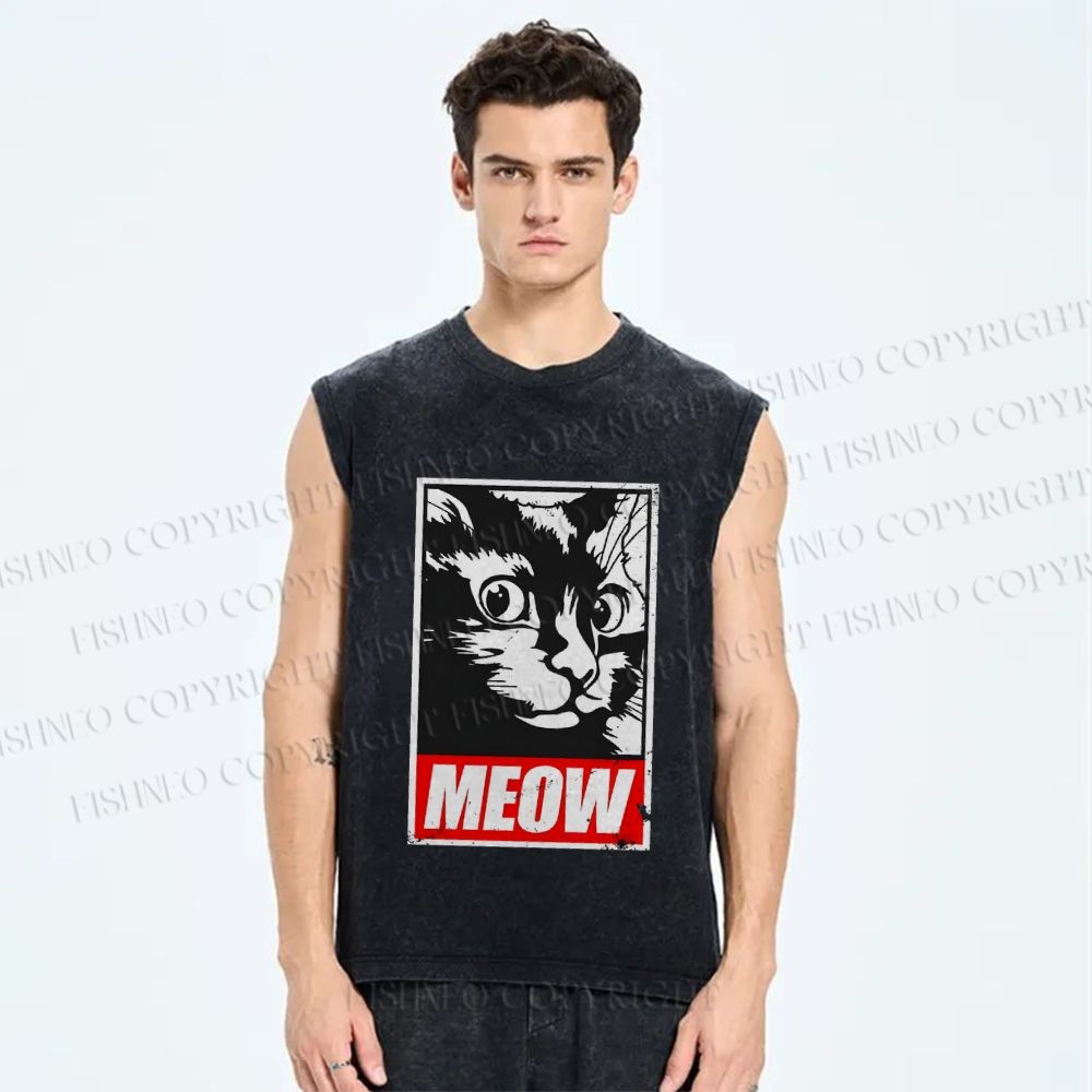 Unisex Meow Printed Washed Tank Top